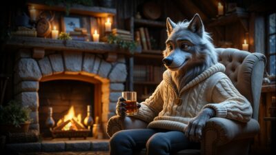 Crackling fireplace and wolf sounds