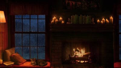 Cabin fireplace with rain sounds