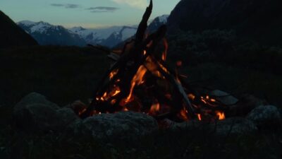 Crackling campfire in the mountain