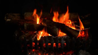 Logs burning in the fireplace